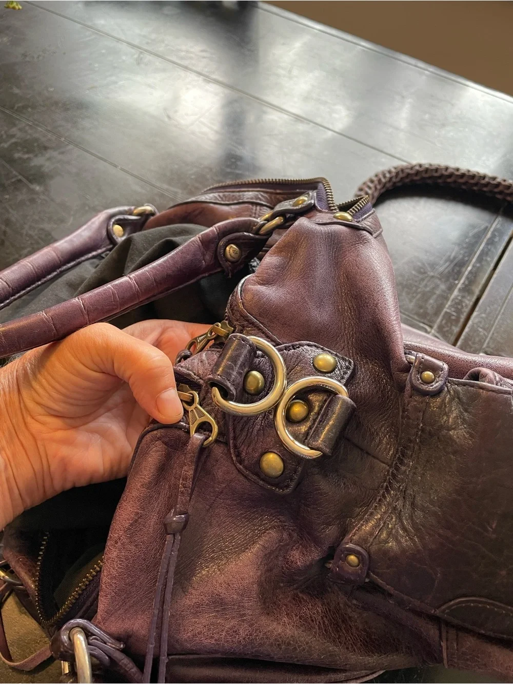 Plum Leather Satchel with Brass Accent Hardware